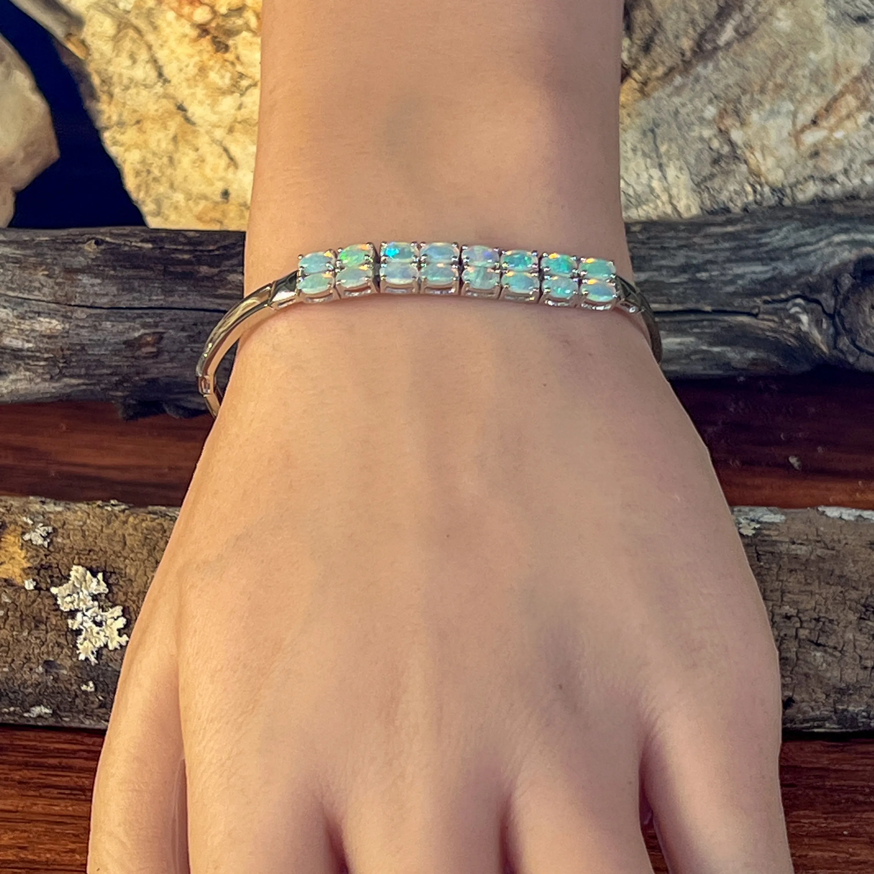 Sterling Silver double row Crystal Opal claw set bracelet