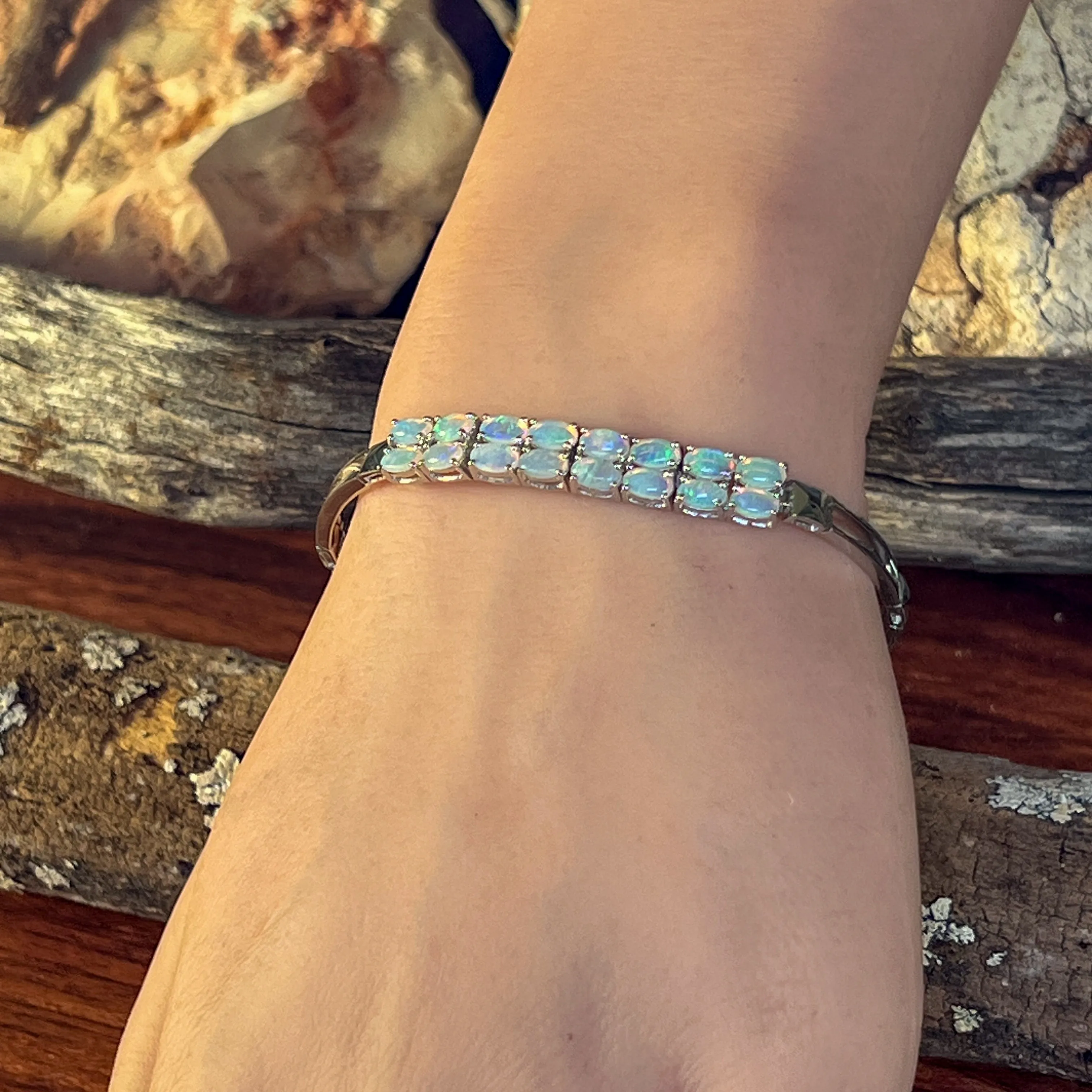 Sterling Silver double row Crystal Opal claw set bracelet