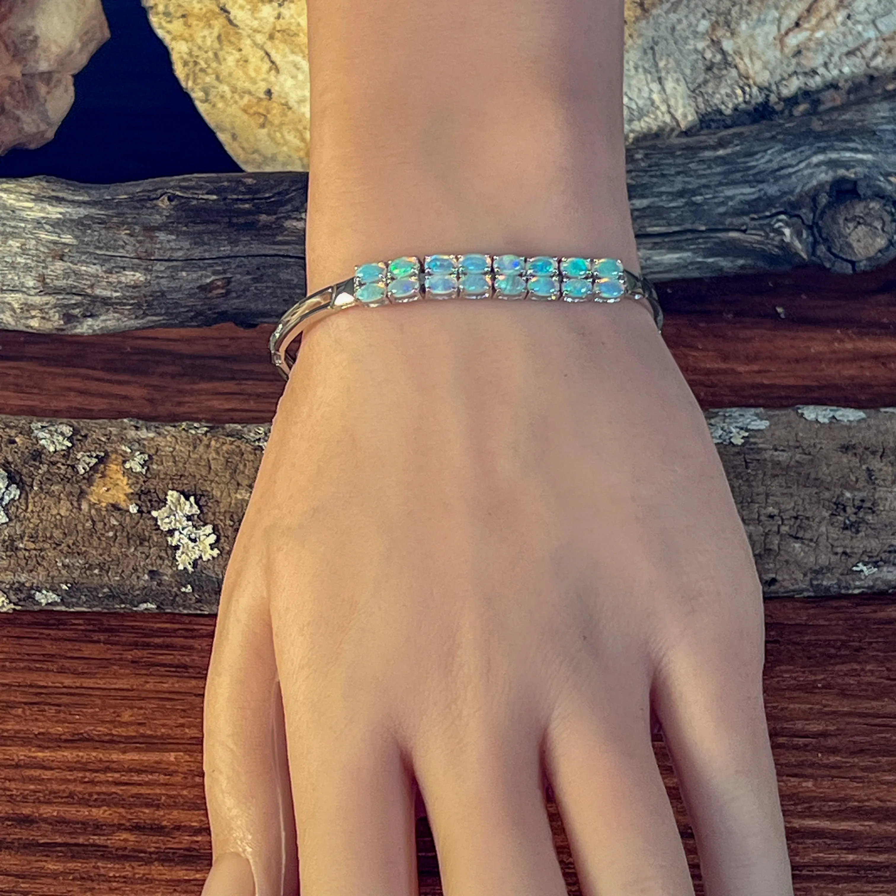 Sterling Silver double row Crystal Opal claw set bracelet