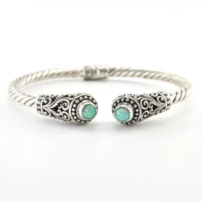 Sterling Silver Green Created Opal Round Bali Hinged Cuff Bracelet