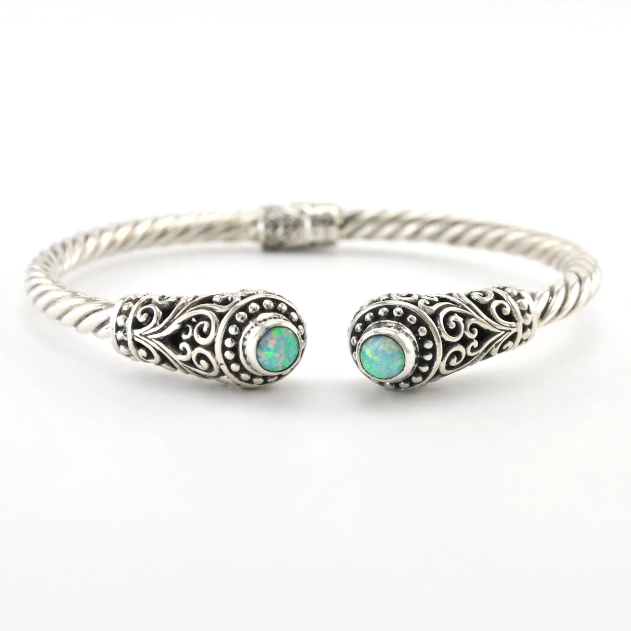 Sterling Silver Green Created Opal Round Bali Hinged Cuff Bracelet