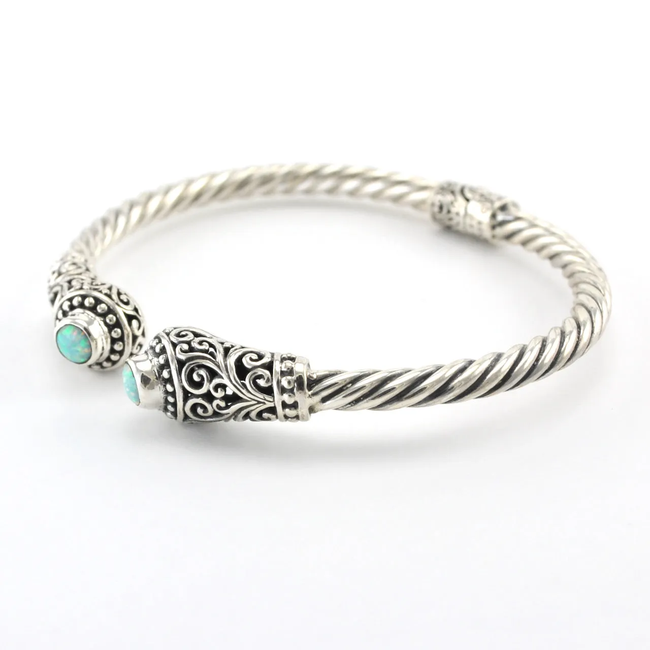 Sterling Silver Green Created Opal Round Bali Hinged Cuff Bracelet
