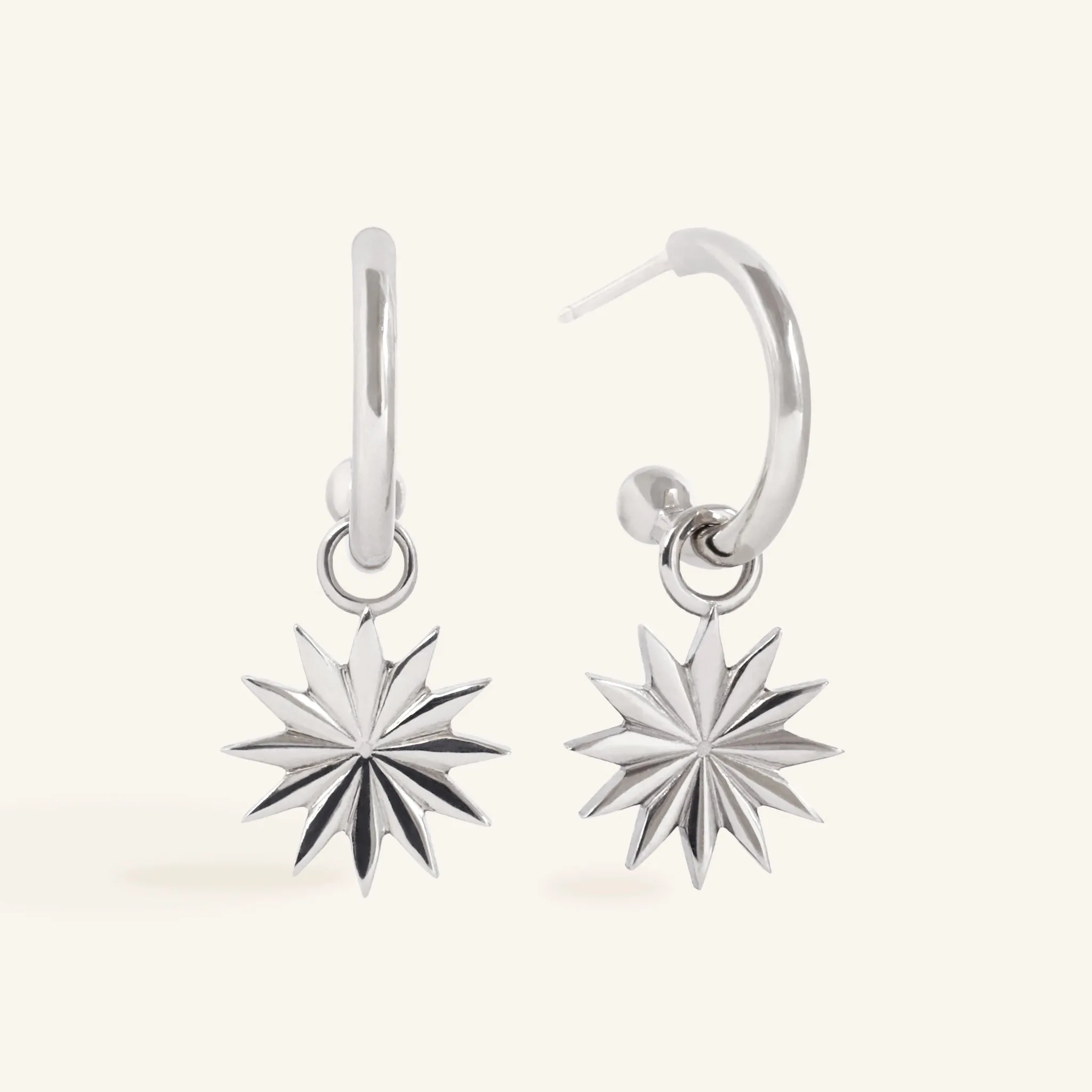 Sunburst Charm Hoops in Silver