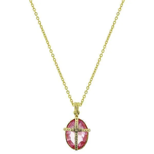 Symbols Of Faith Light Pink Oval Stone Cross Pendant Necklace 16"   3" Extender