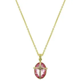 Symbols Of Faith Light Pink Oval Stone Cross Pendant Necklace 16"   3" Extender