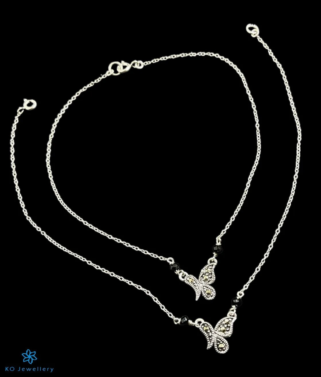 The Butterfly Silver Marcasite Black Bead Anklets