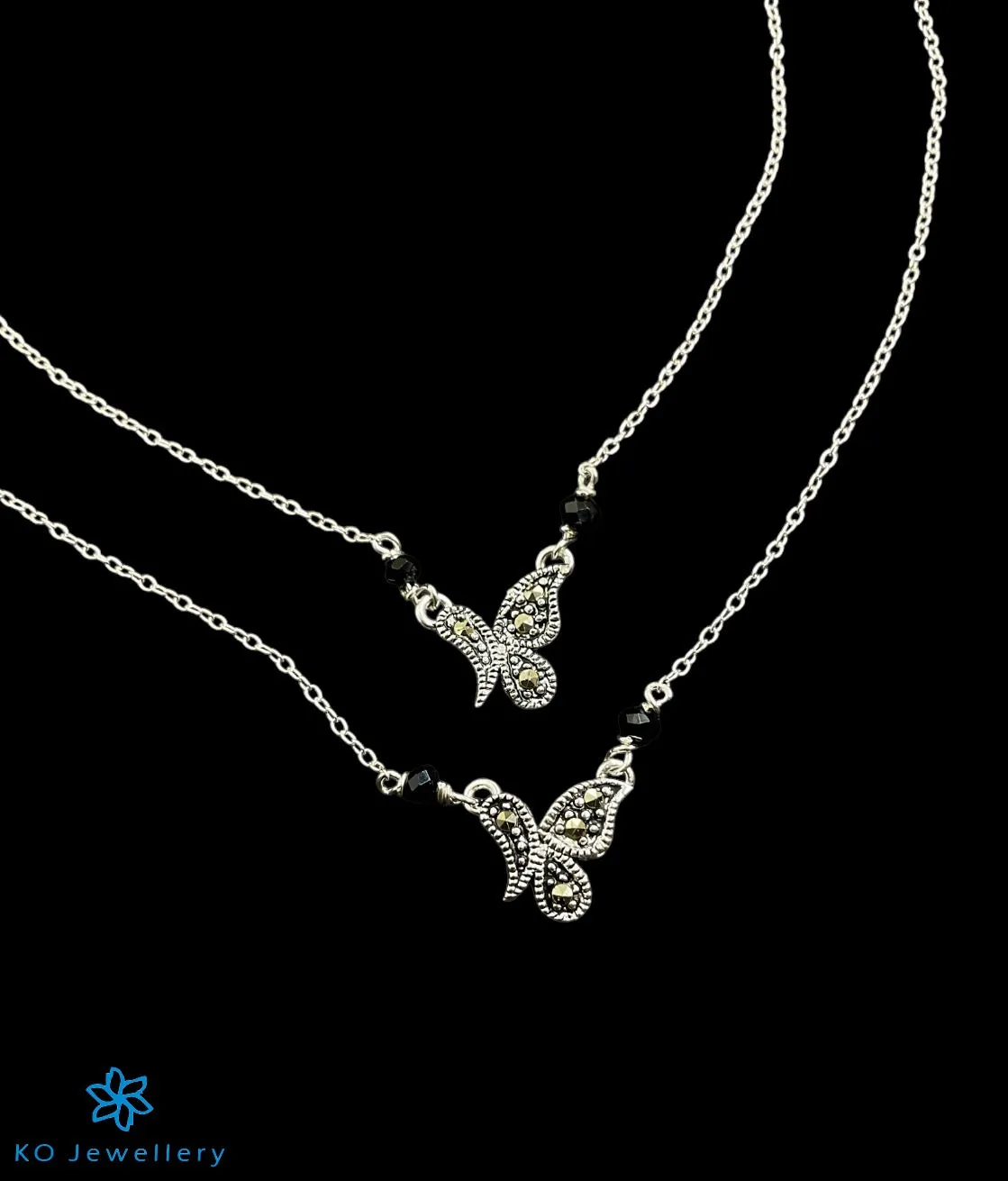 The Butterfly Silver Marcasite Black Bead Anklets