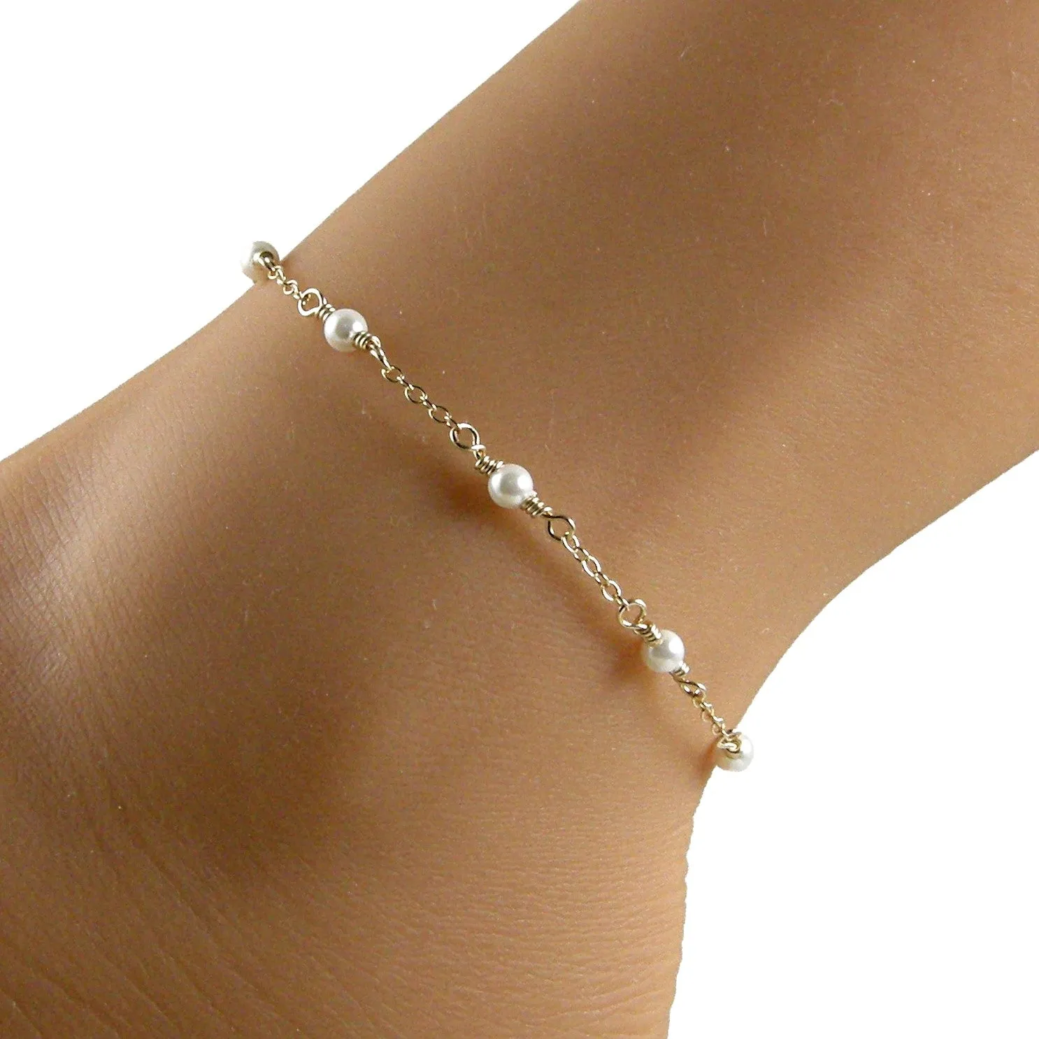 White Pearl Gold Chain Ankle Bracelet, Pearl and Gold Chain Anklet