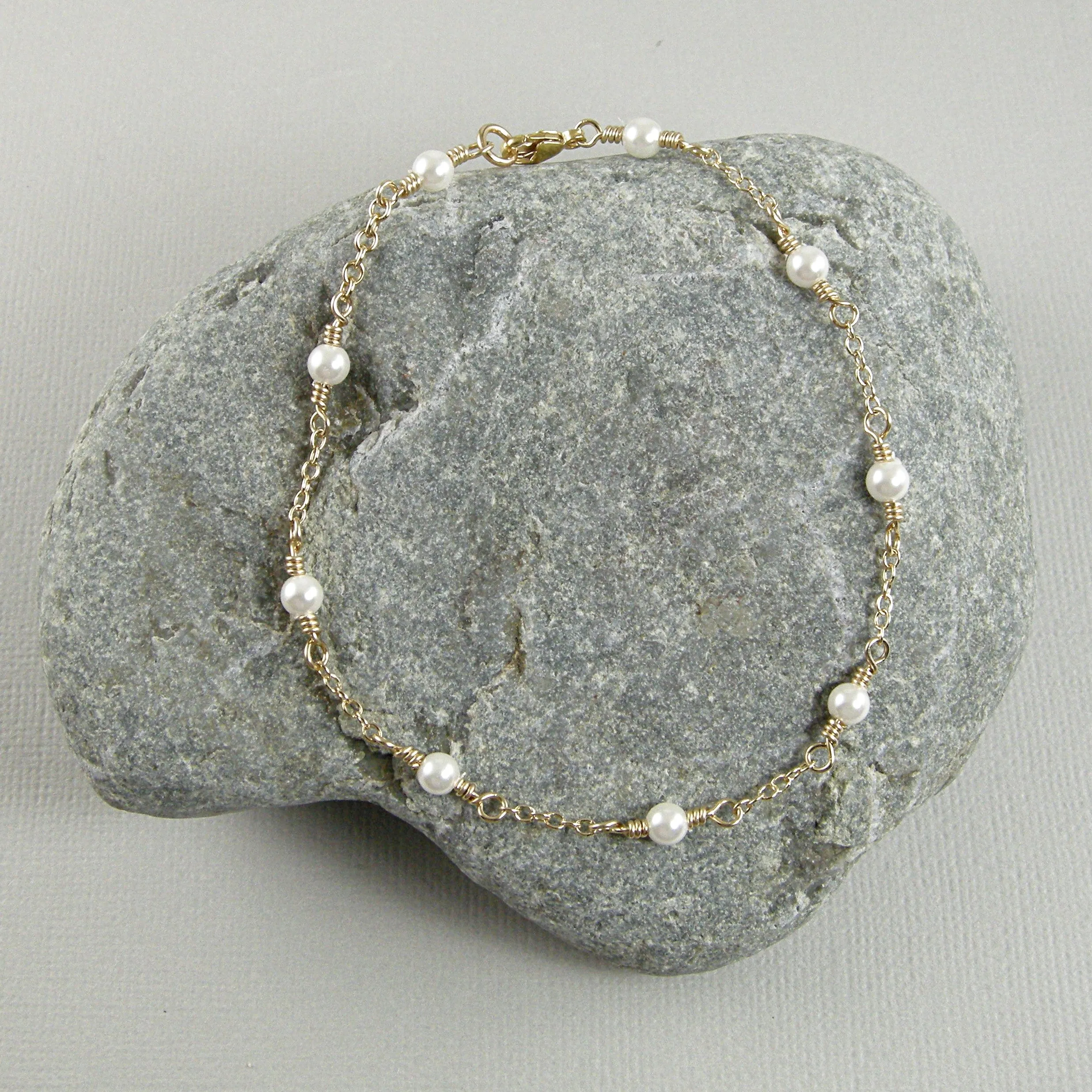 White Pearl Gold Chain Ankle Bracelet, Pearl and Gold Chain Anklet