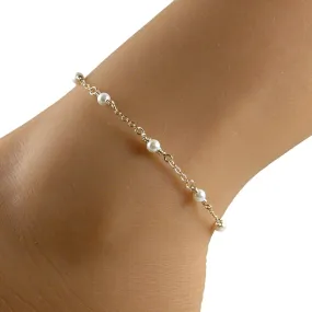 White Pearl Gold Chain Ankle Bracelet, Pearl and Gold Chain Anklet