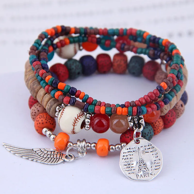 Wholesale Disc Tower Wings Rice Beads Multilayer Alloy Bracelet