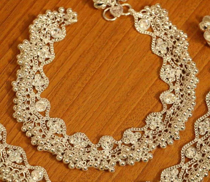 Zircon Studded Silver Plated Anklets